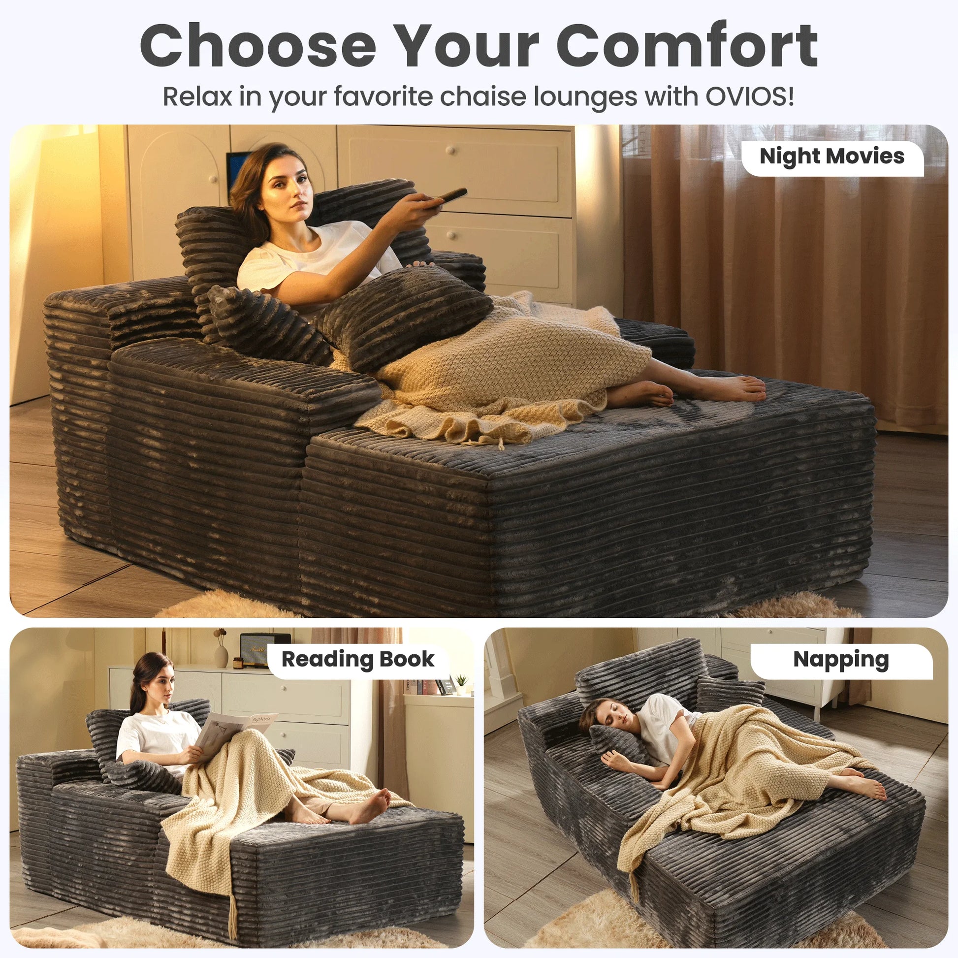 Transform Your Space with the 67'' Oversized Comfy Chaise Lounge - Plush Corduroy Indoor Sofa Bed in Gray